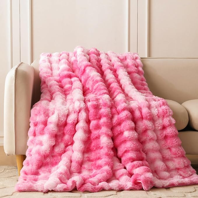 COOVA Faux Fur Throw Blanket for Couch, Cozy Soft and Fuzzy Plush Rabbit Fur Bubble Blanket for Sofa Bedroom Living Room, 60x80 Inches Tie Dye Pink