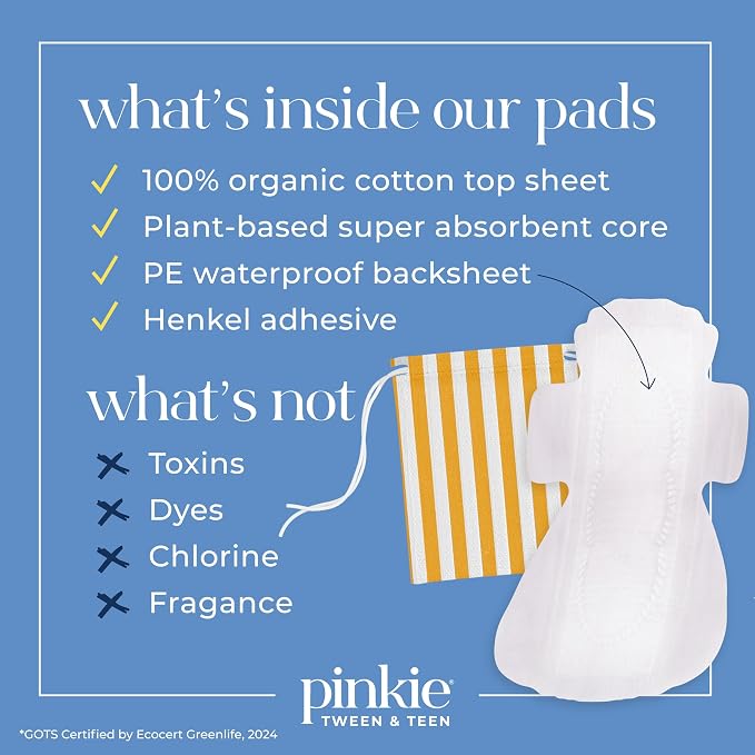 Pinkie Period Starter Pads - Designed for Smaller Underwear - Organic Cotton Topsheet Tween & Teen Pads with Wings - Chlorine Free & Fragrance Free - Teen Overnight, 16 Count