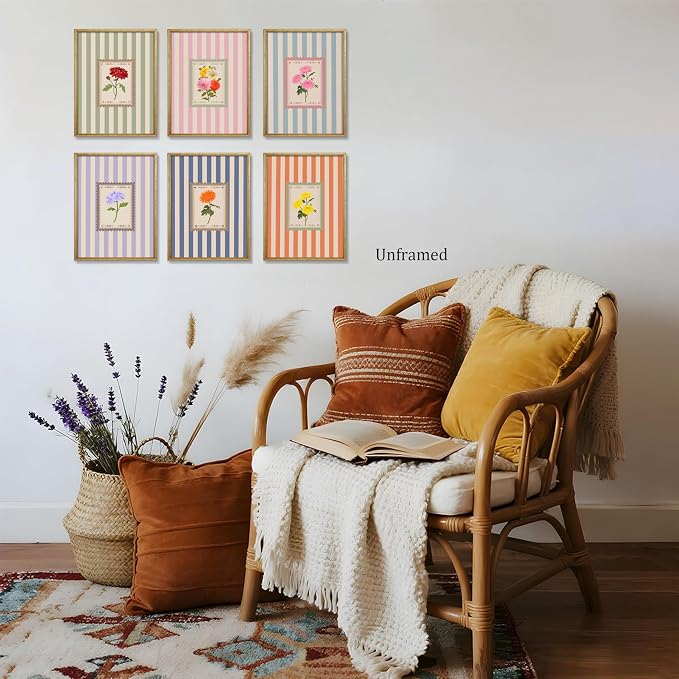 Vintage Floral Posters Wall Art Set of 6, Coquette Cute Stripe Botanical Stamp Canvas Wall Decor Painting, Colorful Flower Artwork Posters Prints for Bedroom Girls Room Dorm 8x10 Inch Unframed