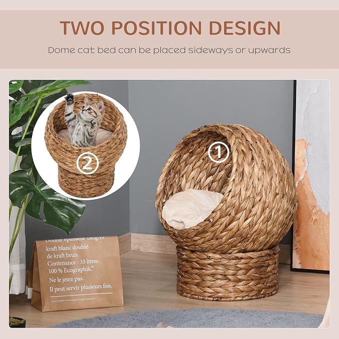 PawHut Handwoven Elevated Cat Bed for Indoor Cats 23.5" H Light Brown | Soft Cushion & Egg Chair Shape, Basket Bed Kitty House with Stand, Raised Wicker House