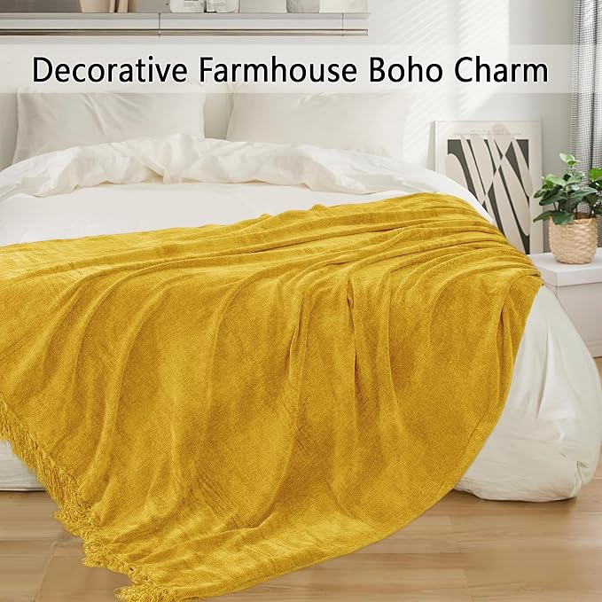 Chenille Throw Blanket for Couch 50" x 60", Yellow | Soft Cozy Warm Throws with Fringe Tassel, for Living Room Bed Sofa Chair Cover, Lightweight Knitted Decorative Boho Blankets