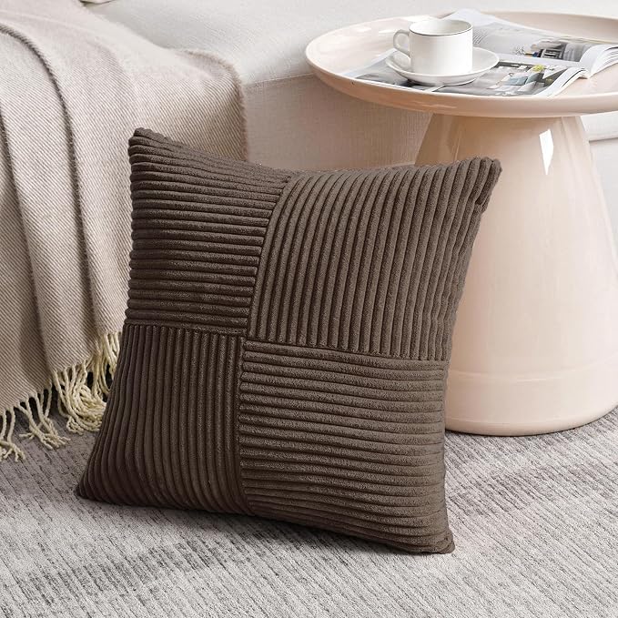 Fancy Homi Set of 1 Dark Brown Square Decorative Throw Pillow Covers 14x14 Inch for Living Room Bedroom Couch Bed Sofa, Soft Striped Corduroy Modern Rectangle Accent Cushion Case 35x35 cm