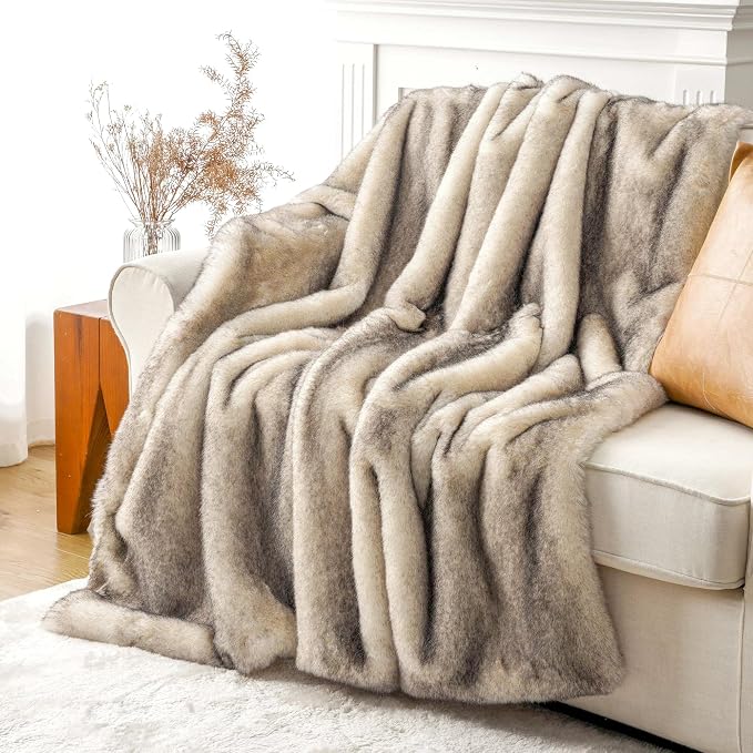 BATTILO Luxury Large Faux Fur Throw Blanket for Couch, 60"x80", Thick | Soft Cozy Mink Plush Warm Elegant Furry Fluffy Faux Fur Blanket for Bed, Sofa, Living Room, Long Pile with Black Tips