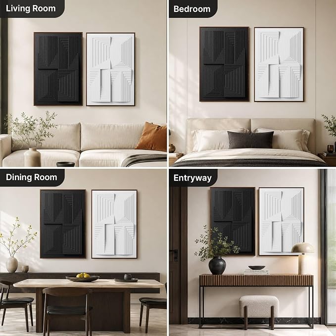 Thalasse Modern Abstract Wall Art Large Framed 3D Black White 24x36 In | Textured monochrome geometric relief, sandstone minimalist pictures, office hallway decor, 2 piece set