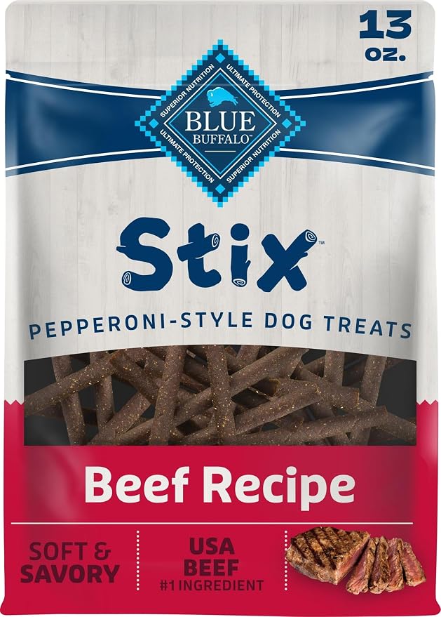 Blue Buffalo Stix Beef Pepperoni-Style Dog Treats, 13 oz | Real Beef #1 Ingredient, Soft & Easy to Tear, Developed by Veterinarians & Nutritionists, Great for Training