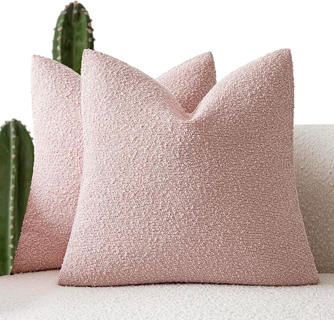 Foindtower Set of 2, Decorative Textured Boucle Throw Pillow Covers Accent Solid Pillow Cases Neutral Soft Cozy Couch Cushion Case for Chair Sofa Bedroom Living Room Home Decor 24x24 Inch Sakura Pink