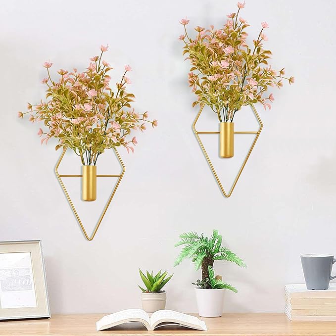 Yorkmills Plant Wall Decor Gold Hanging Vase with Pink Artificial Flowers | Diamond Metal Wall Planter Decorations Set of 2, Fake Plant Home Wall Decor for Living Room, Dining Room, Bedroom, Bathroom