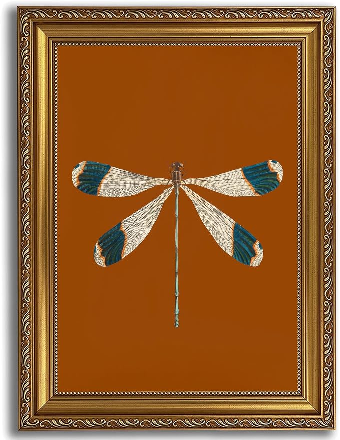 Gold Framed Dragonfly Wall Art,Antique Insect Picture Wall Decor16x12in | Burnt Orange Background Canvas Print Cottagecore For Bedroom, Study,Hallway,Entryway