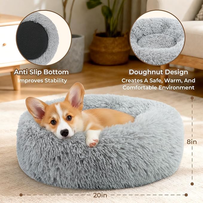 Calming Donut Dog and Cat Bed for Indoor Cats, Anti-Anxiety Round Fluffy Soft Washable Small Pet Bed for Puppy and Kitten, Warming Comfortable Luxury Anti-Slip Waterproof Mute Base 20in Gray