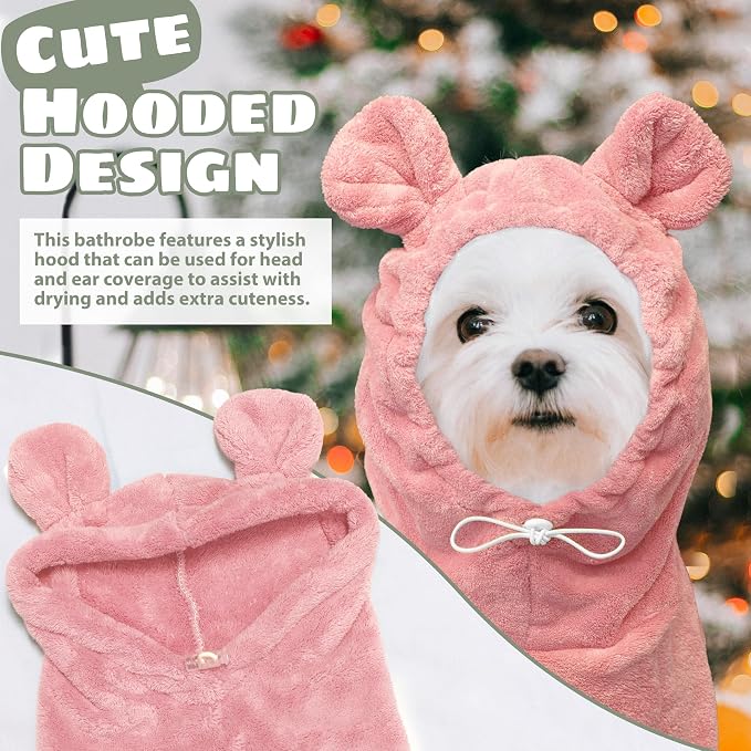Dog Bathrobe Super Absorbent Towel Robe - Microfiber Bath Towels Fast Drying Coat for Dogs, Cute Dogs Clothes Adjustable Collar & Belly Strap Warm Keeping Hooded Dog Towel (Pink, Large)