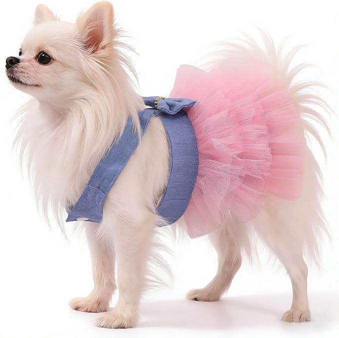Dog Dress, Fashion Puppy Tutu Princess Dresses for Small Dogs Girl, Sweet Skirt with Dog Bowknot Clips, Spring Dog Cat Clothes Pet Apparel (Denim Dress Tutu, XX-Small)
