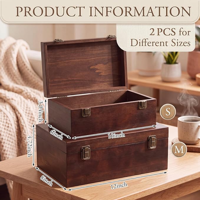 Sliner 2 Pcs Wooden Decorative Storage Boxes with Lids Vintage Wood Organizer Bins for Your Bookshelf Home Decor Safely Store Photos Documents Memory Jewelry Craft Storage (Dark Brown,S M Size)