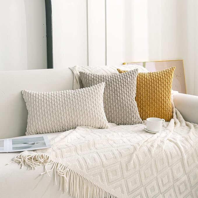 Set of 4 Cream White Decorative Throw Pillow Covers 16x16 Inch Corduroy Pillow Covers for Bed Couch Sofa Living Room Soft Square Cushion Cases