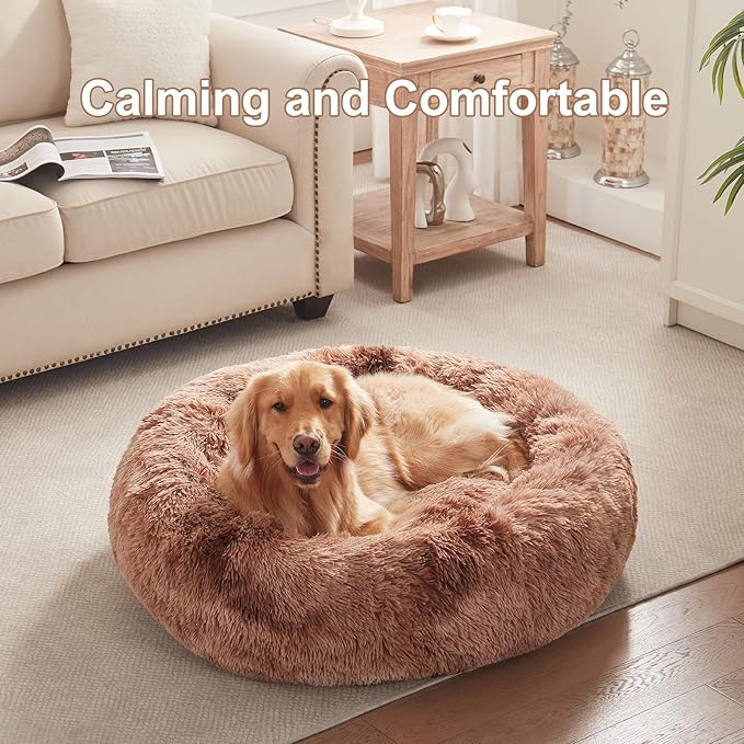36 in Faux Fur Fluffy Donut Dog Bed for Large Dogs,Tie-dye Brown | Calming Plush Round Pet Bed with Removable & Washable Cover,Fits up to 80 lbs Pets