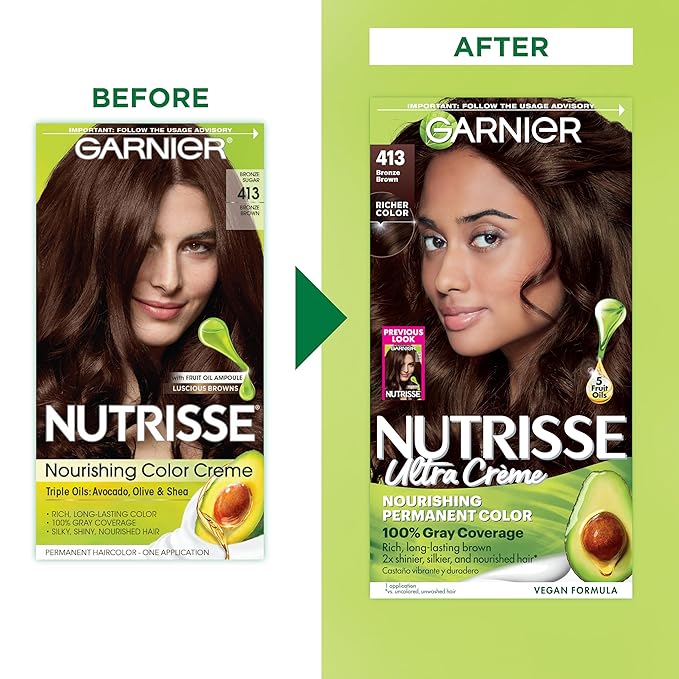 Garnier Hair Color Nutrisse Nourishing Creme, 413 Bronze Brown (Bronze Sugar) Permanent Hair Dye, 1 Count (Packaging May Vary) (Pack of 2)