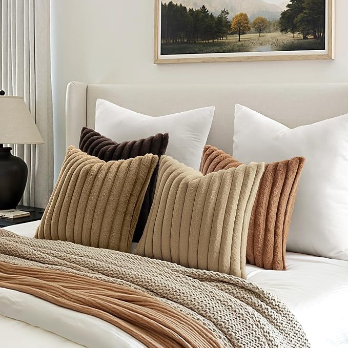 MIULEE Fall Faux Fur Plush Decorative Throw Pillow Covers 18x18, Dark Brown | Set of 4, Striped, Soft Boho Farmhouse Vintage, Rustic Cozy Home Decor, Cushion Cases for Sofa Couch Bed Living Room