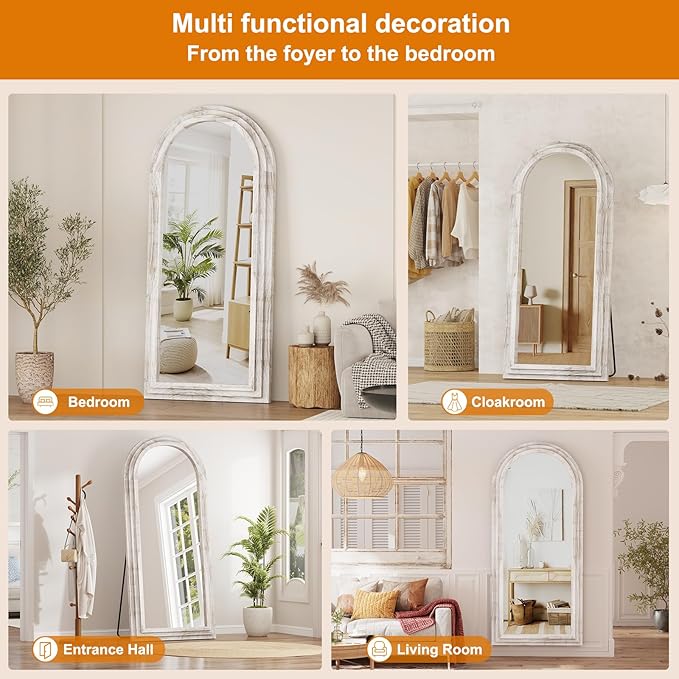 ZHUNFA External Three-Layer Arched Full Length Mirror with Solid Wood Frame | 65x22 Modern Farmhouse Decor Standing Mirror Full Length, Wall Mounted, Leaning, Standing for Bedroom, Living Room, White.
