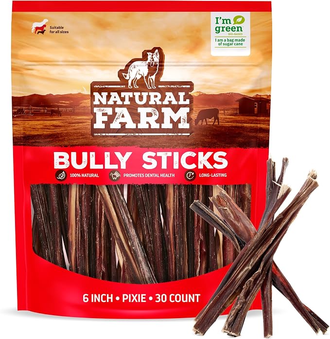 Natural Farm Pixie Bully Sticks (6 Inch, 30 Pack), Thin Pizzle Beef Treats, Grain-Free, High Protein, Best Rawhide Alternative for Small, Puppies or Senior Dogs