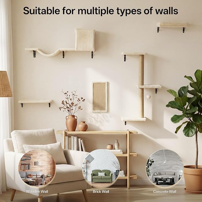 MEWANG 5-in-1 Cat Wall Shelves: Cat Climbing Furniture with Wall Mounted Perch & Lounge for Indoor Cats, Space-Saving Wall Pet Shelves for Play & Rest - Beige