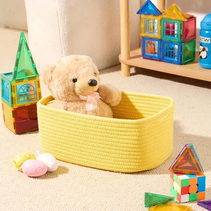 MiniArk Small Storage Baskets for Organizing | Closet Organizer Bins | Shelf Toy Basket | Woven Rope Baskets | Cube Decorative Box | Shallow Basket | 13x8.5x5.1” | 3 Packs Yellow