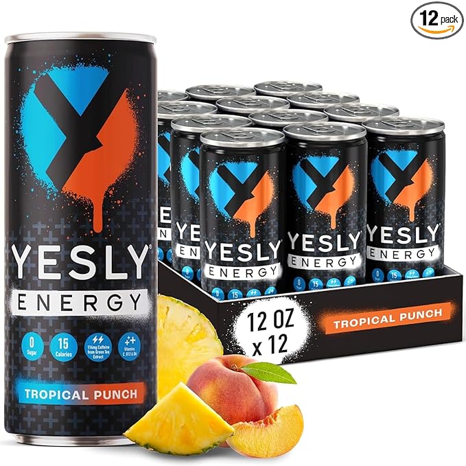 Yesly Energy Drink, Tropical Punch, Naturally Flavored Sparkling Energy Drink With Electrolytes, Magnesium, Potassium, Vitamin C, B6 & B12, Natural Caffeine From Green Tea, 12 Fl Oz Cans, 12 Pack