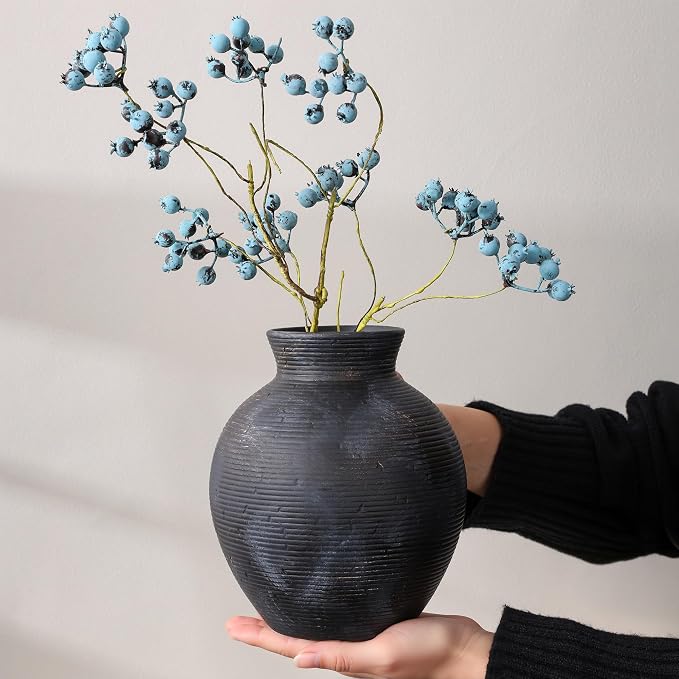 Ceramic Flower Vase Home Decor, 7.4 in Farmhouse Table Vase Retro Vintage Living Room Kitchen Bedroom Decoration Pottery Decorative Vases for Flowers House Shelf Office Desk Dining Entryway, BlackGold