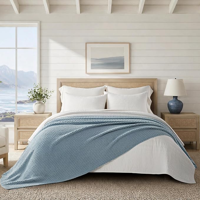 EVERGRACEHOME Chunky Chenille Knit Throw Blanket, 90 x 90, Chambray Blue | Sculpted Moss Stitch, Chic Modern Farmhouse, All-Season Warmth, OEKO-TEX® Certified, Oversized Queen for Couch, Bed, Sofa
