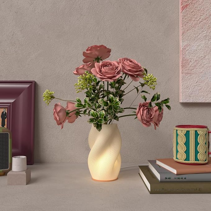 White Vase for Flowers - Small Unique Vase with Lighting 16 Colors for Centerpieces, Modern Vases for Home Decor, Living Room, Dining Table, Office Decor, Bedroom (USB Plug in Corded)