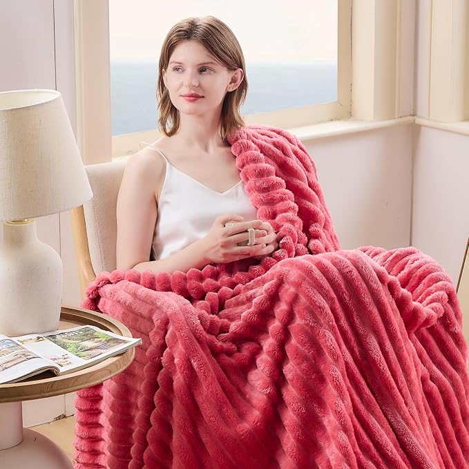 NEWCOSPLAY Fleece Ribbed Cozy Throw Blanket for Couch, Coral Pink, 50"x60" | Premium Silky Flannel Blanket, Soft Lightweight Fluffy Throw Blanket for Bed Sofa Decor, Gift for All Season Use