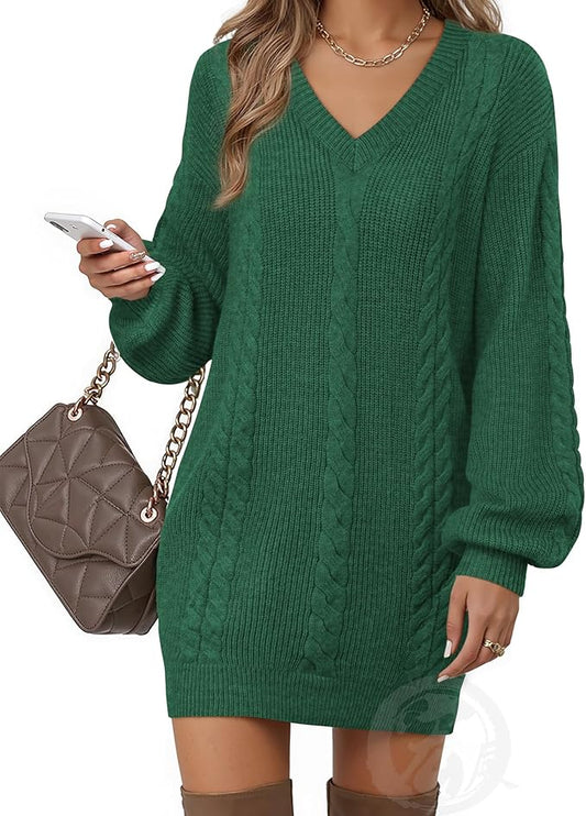 Women's Pullovers Jumper Sweaters Lantern Sleeve Casual V Neck Fall Knit Mini Sweater Dresses