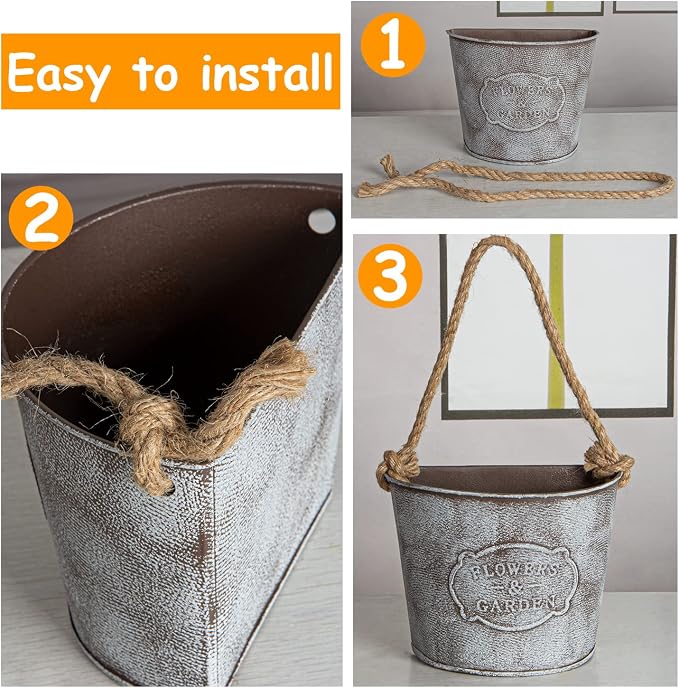 XONOR 4Pcs Galvanized Metal Hanging Wall Planter, Rustic Wall Flower Vase for Succulents Herbs Country Home Farmhouse Decoration (2)