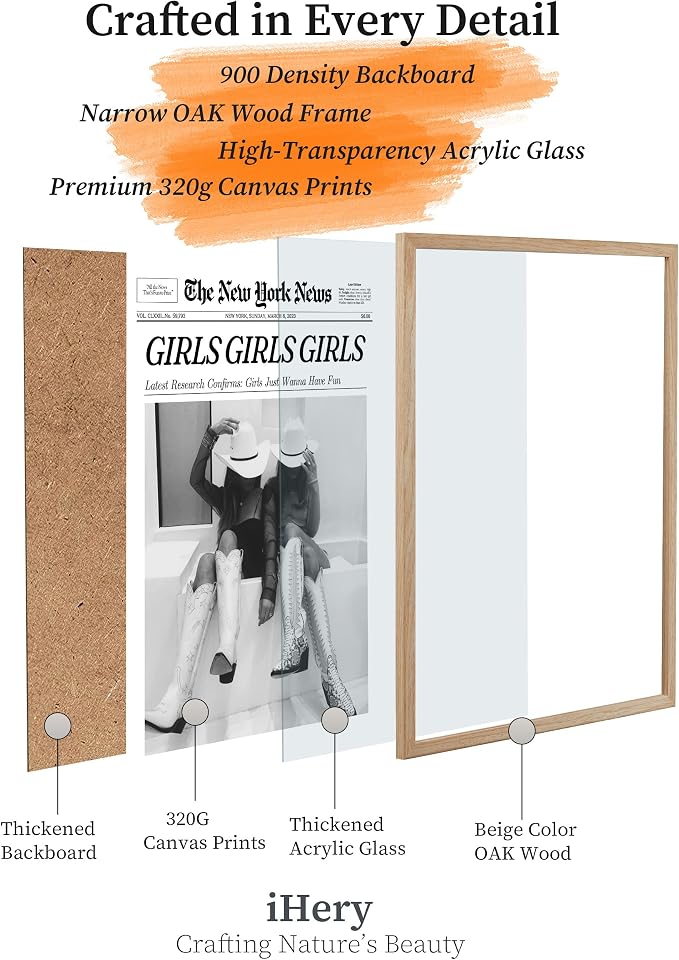 iHery 8x10in Girls Just Wanna Have Fun Framed Newspaper Wall Art | Natural OAK Wood Frame with Canvas Print, Western Cowgirl Decor for Bedroom, Dorm, Living Room and Bar Cart, 1Pack