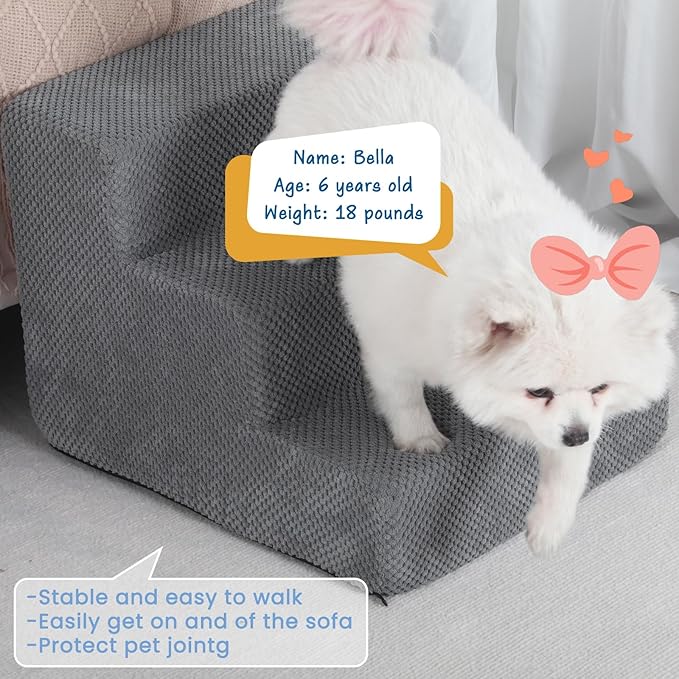Aodisman Dog Stairs for Small Dogs & Cats,3-Step Pet Steps for Couch & Bed | High-Density Foam Dog Steps with Anti-Slip Bottom,Easy for Puppies,Older Cats & Dogs to Reach Sofas & Chairs,Grey,13.6" H