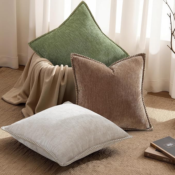 decorUhome Soft Chenille Throw Pillow Covers 20x20 Set of 2 Brown | Fall Textured Decorative Throw Pillow Cases Stitched Edge Modern Farmhouse Luxury Boho Velvet for Couch Sofa Bed Home Decor