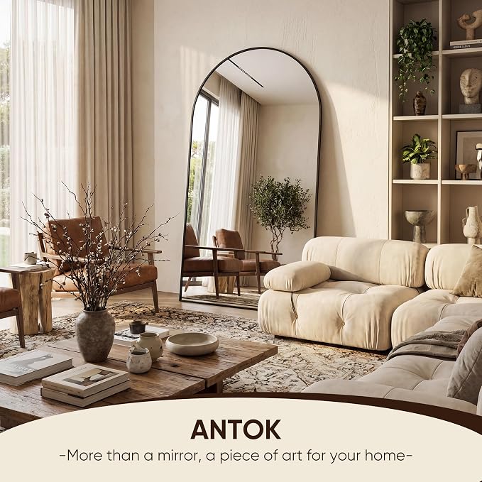Antok 82" x44” Arched Full Length Floor Mirror, Black Aluminum Frame, Free Standing/Wall Mount/Leaning for Bedroom, Living Room, Dressing Room