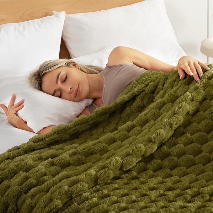 Whale Flotilla Soft Fleece King Size Bed Blanket 3D Jacquard, Olive Green | Lightweight Breathable Coverlet Bedspread for All Seasons, Super Cozy Plush Fluffy Fuzzy Decorative Blanket for Bed, 90"x104"