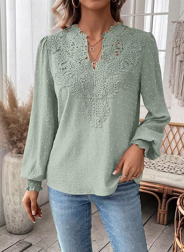 Womens Tops Swiss Dot Boho Long Sleeve Shirts V Neck Casual Chiffon Blouses Flowy Lace Hem Cute Clothing Trendy 2026