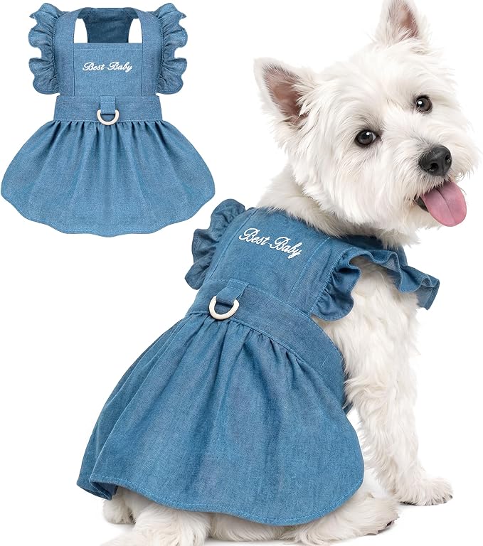 Denim Cat Dog Dress Clothes for Small Dogs with Leash Ring Summer Girl Small Dog Clothes Outfit Belly Velcro Fastening Cat Outfits&Apparel for Girl