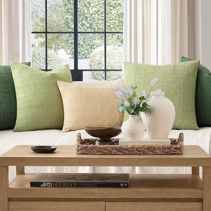 Foindtower Set of 2 Decorative Linen Check Throw Pillow Covers Neutral Farmhouse Vintage Cushion Covers Modern Boho Accent Home Decor for Sofa Chair Couch Bedroom Living Room,18×18 Inch,Light Green