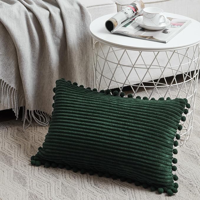 Fancy Homi 2 Pack Dark Green Lumbar Decorative Throw Pillow Covers 12x20 Inch with Pom-poms for Couch Bedroom Sofa, Soft Corduroy Solid Rectangle Cushion Case 30x50 cm, Farmhouse Boho Home Decor