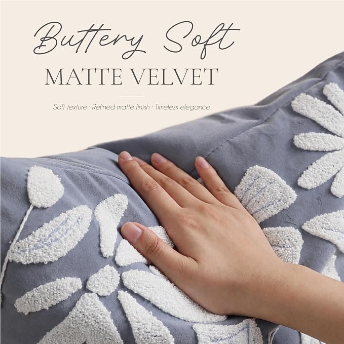 Decorative Throw Pillow Cover 20x20, Coastal Dusty Blue Velvet Accent Cushion Cover for Couch Sofa Living Room, Floral Tufted Square Pillowcase (Cover Only)