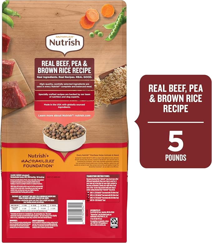 Nutrish Dry Dog Food, Beef, Pea & Brown Rice, 5 lb. Bag (Rachael Ray) | Complete & Balanced Nutrition for Adult Dogs, No Artificial Flavors, Veterinarian Reviewed Formula