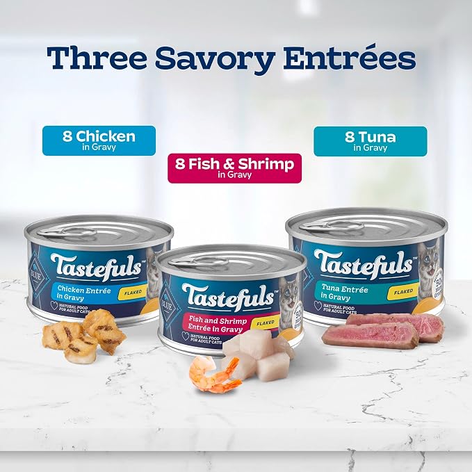 Blue Buffalo Tastefuls Variety Pack Wet Cat Food, 3 oz, 24 ct | Tuna, Chicken & Fish and Shrimp Entrées in Gravy (8 of Each), No Corn, Wheat, or Soy