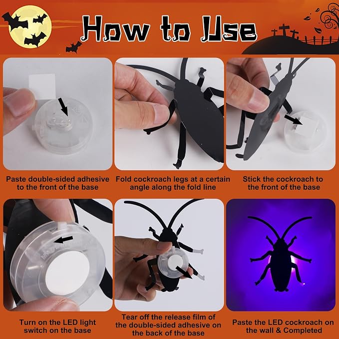 DR.DUDU 36 Pack Halloween Wall Decor 3D Cockroach Window Stickers | LED Lights, Removable PVC, Assorted Sizes, Light Up Roach Wall Decals, Indoor Outdoor Bathroom Home Party Decor