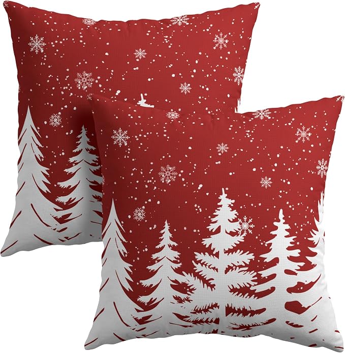 Kawani Christmas Throw Pillow Covers 20x20 Inches, Set of 2 Red White Xmas Tree Snowflakes Cotton Linen Pillowcase Soft Farmhouse Cushion Case for Couch Sofa Bed Living Room Decor