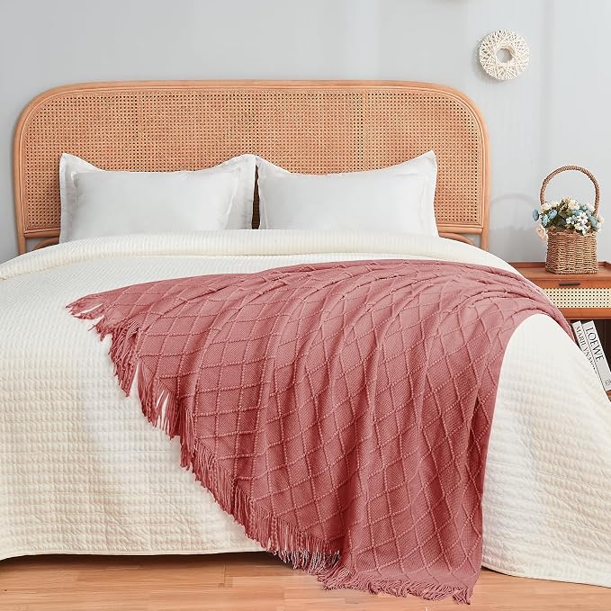 inhand Coral Pink Knitted Throw Blanket for Couch and Bed, 60"x80" | Gifts for Mom from Daughter Son, Soft Lightweight with Tassel, Farmhouse Warm Decorative Blanket for Women, Cozy Knit