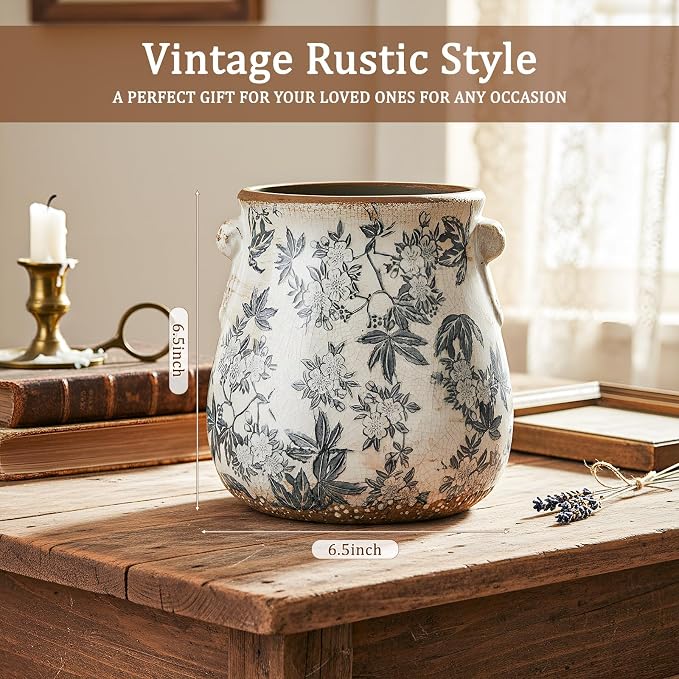 Ceramic Scroll Planter 6.5 Inch Chinoiserie Floral Vase with Drainage Holes Vintage Flower Vase Flower Pot Rustic Ceramic Pots for Indoor Plants Garden Home Bookshelf Decor(Gray Glaze)