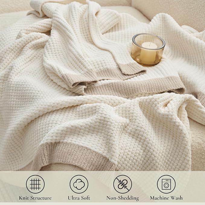 Chenille Throw Blanket, Soft Cozy Waffle Throw for Couch & Sofa, Warm Yet Lightweight, Breathable All-Season Throws for Women Men, Housewarming, Birthdays, 50"x60", Ivory