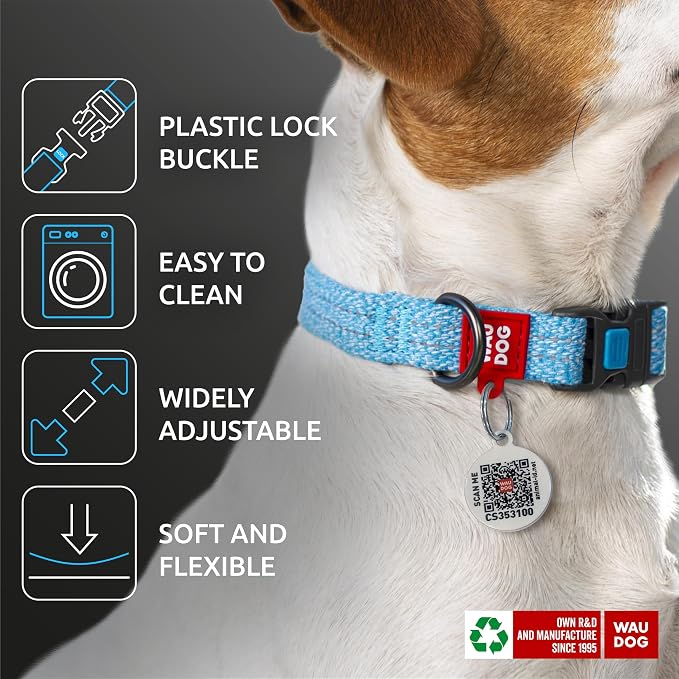 WAUDOG Reflective Cotton Dog Collar Eco-Friendly Alt to Nylon Collar for Small Medium and Large Dogs - Pet Collar with QR ID Tag - Puppy Collar for Large Breed Dogs - Adjustable Male Female Dog Collar
