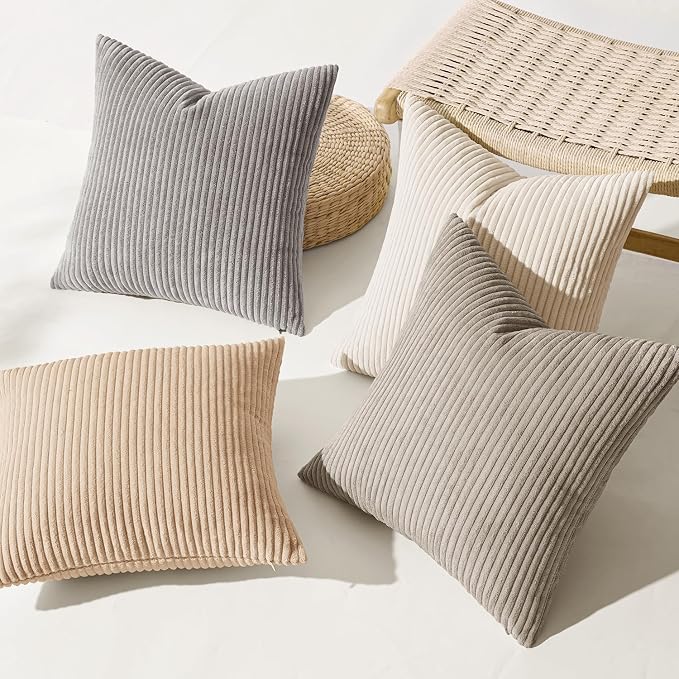 MIULEE Soft Corduroy Decorative Throw Pillow Covers Neutral Cream 20x20 | Set of 4, Mordern Nordic Home Decor, Cozy Cream Collection, Boho Farmhouse Cushion Covers for Couch Bed Sofa Living Room